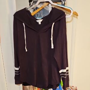 Plum Hooded Sweater with Grey And White Stripes
